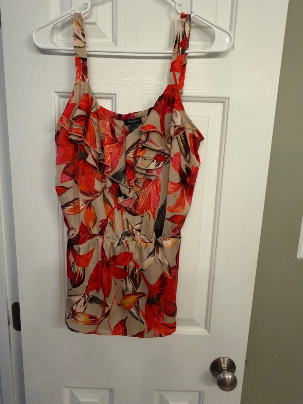 Ann Taylor Beige Floral Ruffle Tank with Red and Orange Blooms